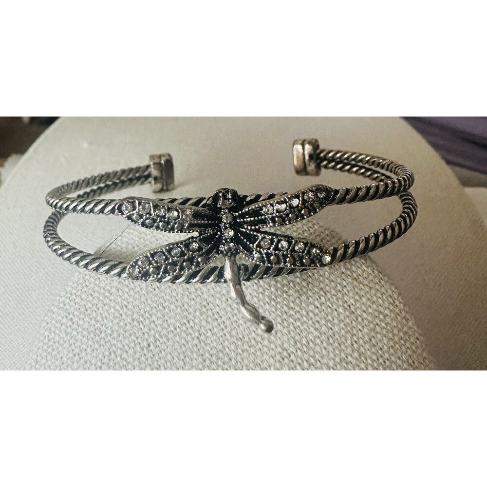 Vintage Silver Tone Dragonfly Cuff Bracelet Rhinestone Twisted Cable Open Bangle